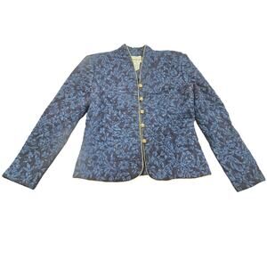 Karin Stevens Asian Quilted Jacket Blue Floral Gold Buttons Women’s 8 Blazer